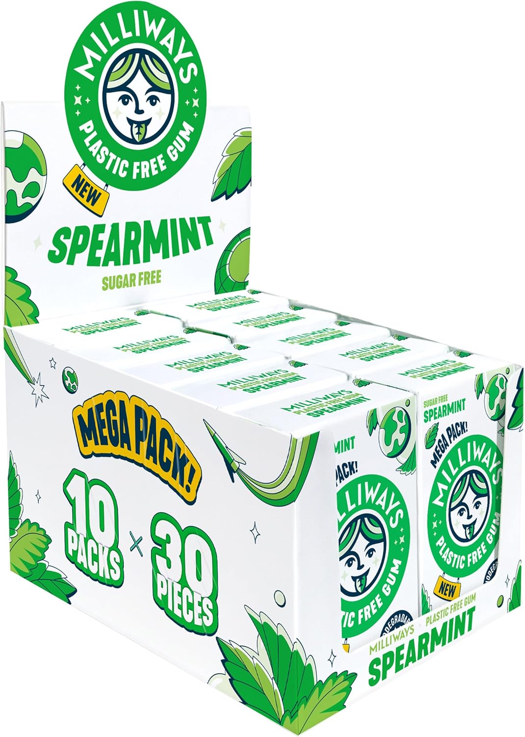 MILLIWAYS PLASTIC FREE CHEWING GUM - SPEARMINT (12X10PC)