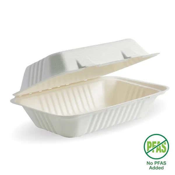BIOPAK WHITE PLANT FIBRE CLAM SHELL 23x15x8cm 9x6x3" x 250