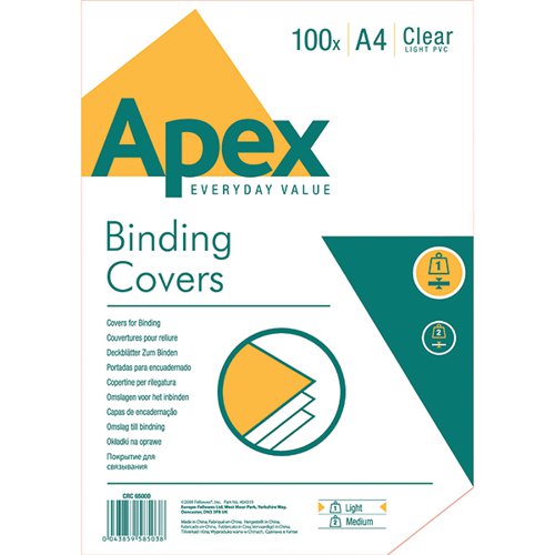 FELLOWES APEX A4 LIGHTWEIGHT PVC COVERS CLEAR (PACK OF 100) 6500001