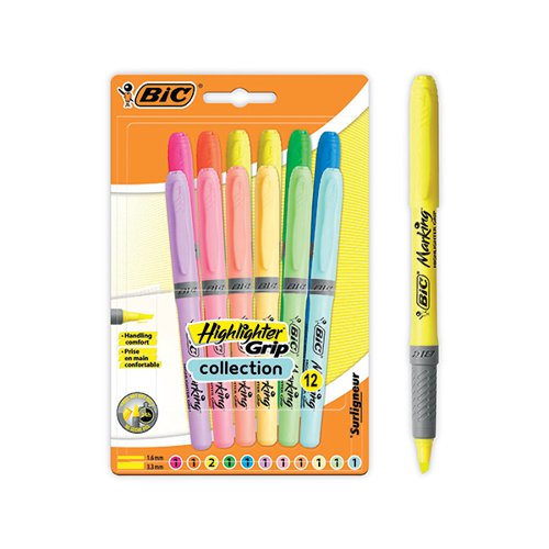 BIC HIGHLIGHTER GRIP PASTEL ASSORTED (12 PACK) 992562