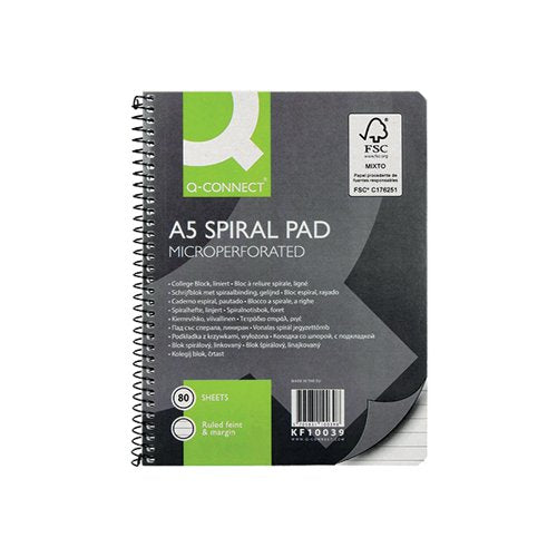 Q-CONNECT RULED MARGIN SPIRAL SOFT COVER NOTEBOOK 160 PAGES A5 (PACK OF 5) KF10039